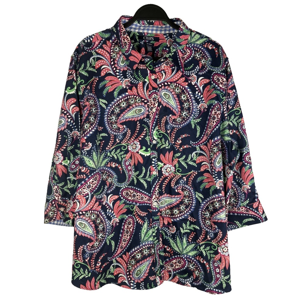 Chaps Ralph Lauren No Iron Top Sz 3X Blue Floral Paisley Button Front Preppy